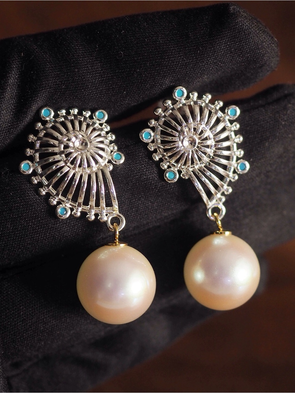 Pearl Drop Earrings with Silver Filigree and Turquoise Accents